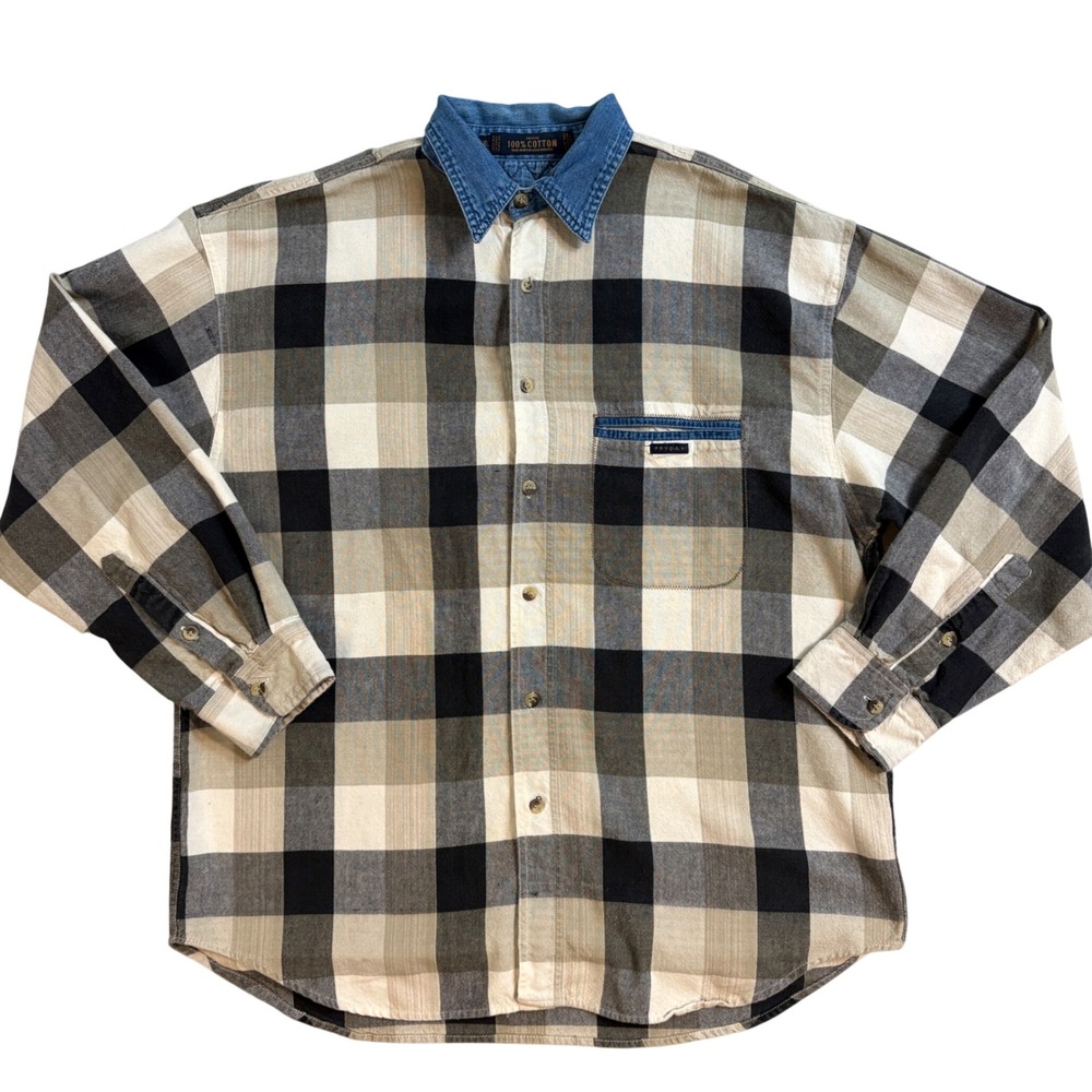 Vintage FRYDAY Plaid Denim Collar Long Sleeve Button Up Shirt Men XL Cotton